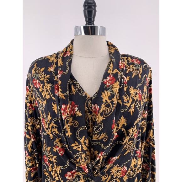 Vintage Silk Blouse Black Gold Key Baroque Chain Floral Print Top Saks 12 - Picture 6 of 14